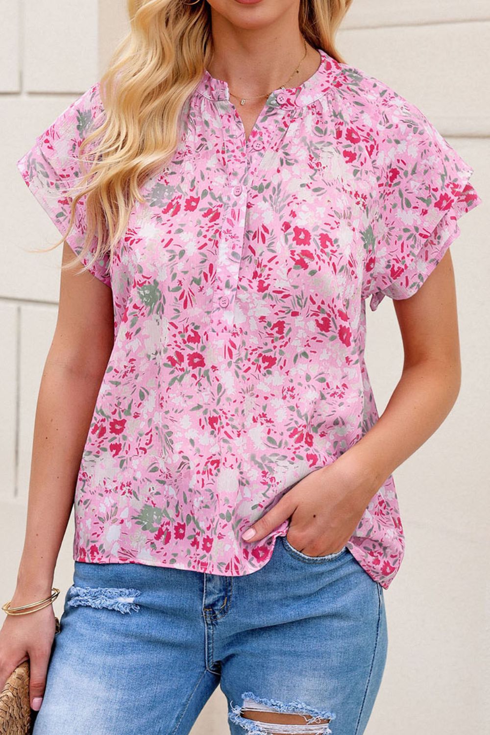 Pink Floral Print Flutter Sleeve Blouse