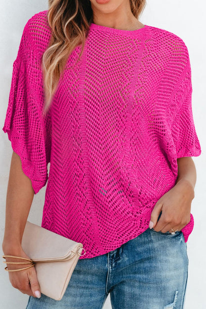 Scallop Edge Half Sleeve Pointelle Knit Top