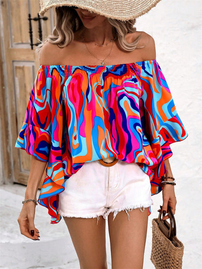 Multi-Color Abstract Print Off-Shoulder Blouse