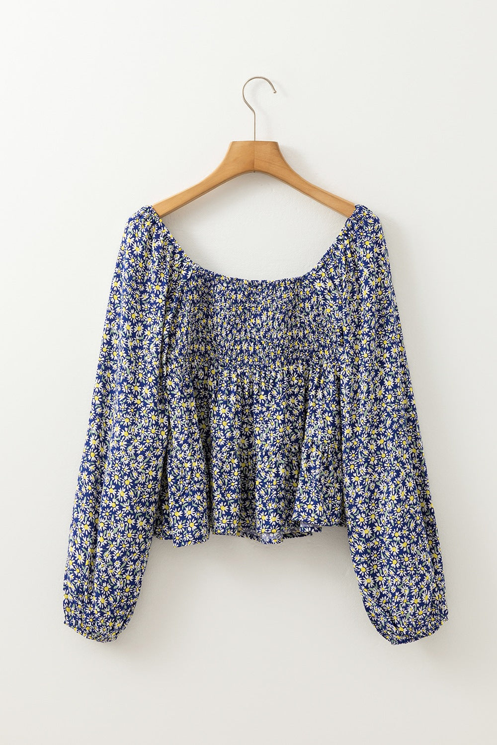 Daisy Print Long Sleeve Blouse with Smocked Square Neck