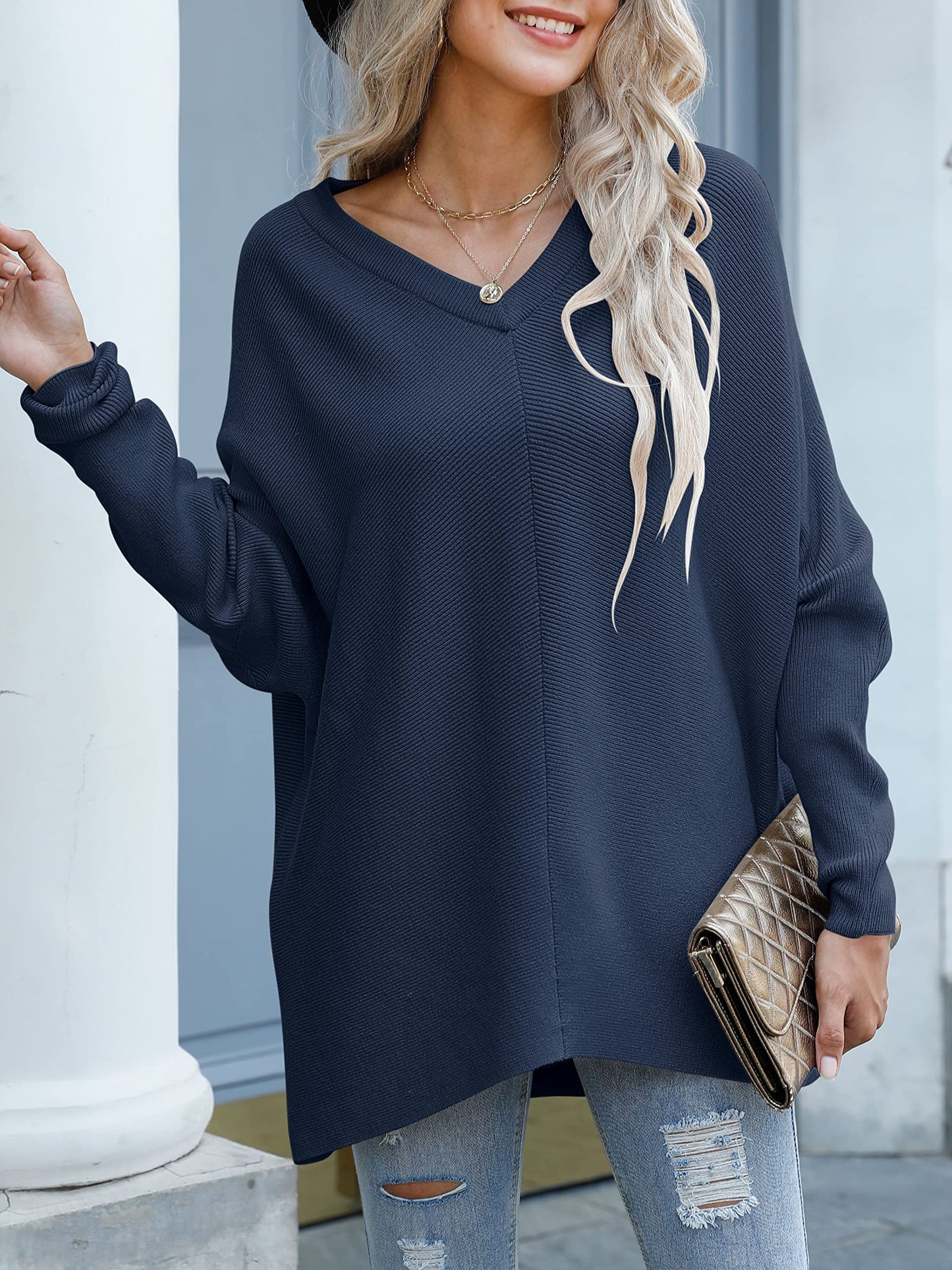 Womens Oversized Long Batwing Sleeve V Neck Sweater