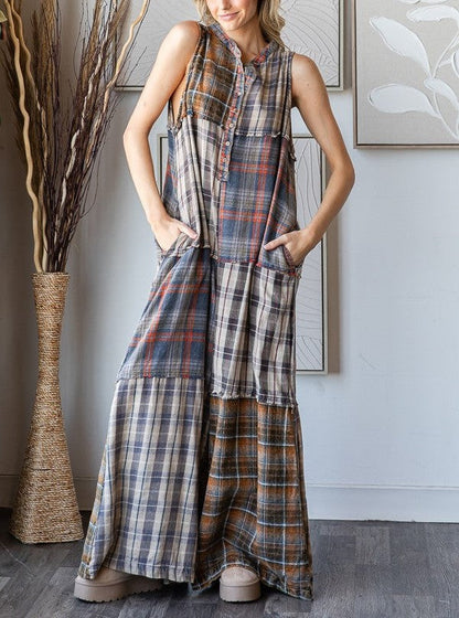 New Year Sale 50% OFF-Extra Wide Leg Plaid Button Jumpsuit