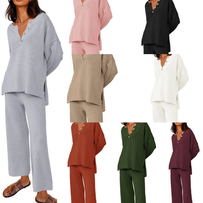 Button Knit Sweater 2-Piece Loungewear Set (Buy 2 Free Shipping)