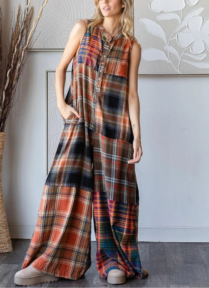 New Year Sale 50% OFF-Extra Wide Leg Plaid Button Jumpsuit