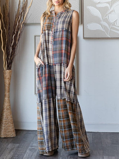 New Year Sale 50% OFF-Extra Wide Leg Plaid Button Jumpsuit