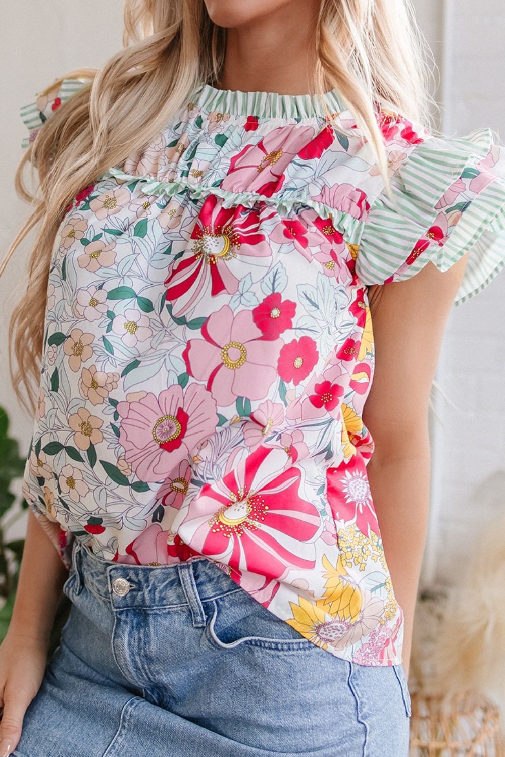 Floral Print Ruffled Cap Sleeve Blouse with Frilled Details