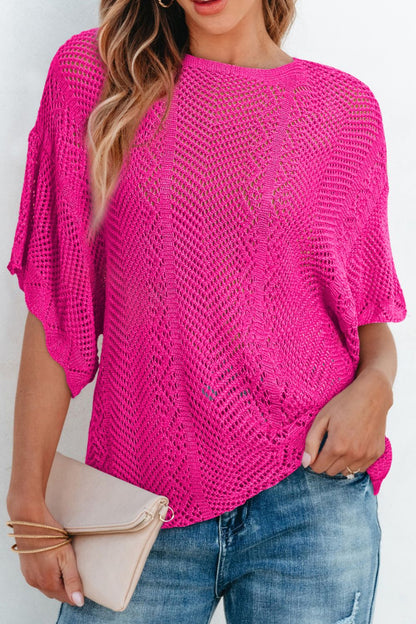 Scallop Edge Half Sleeve Pointelle Knit Top