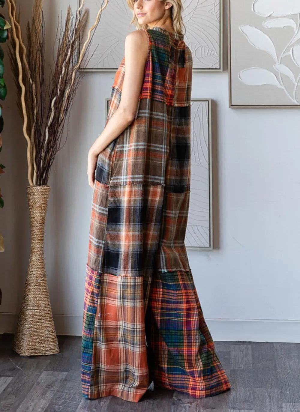 New Year Sale 50% OFF-Extra Wide Leg Plaid Button Jumpsuit