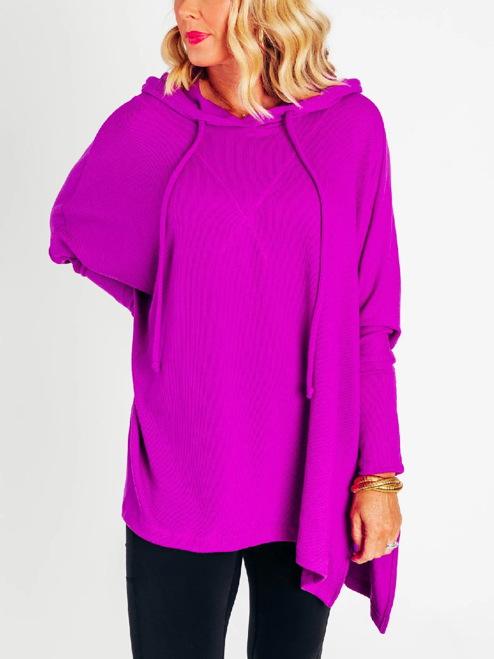 Women's Oversized Bat Sleeve Ribbed Hooded Pullover (Buy 2 Free Shipping)