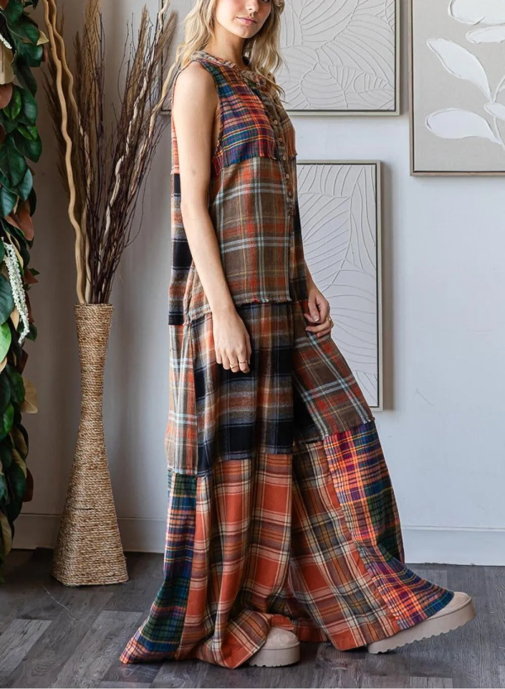 New Year Sale 50% OFF-Extra Wide Leg Plaid Button Jumpsuit