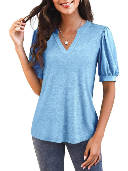 Women's V Neck Puff Sleeve Basic T-shirt