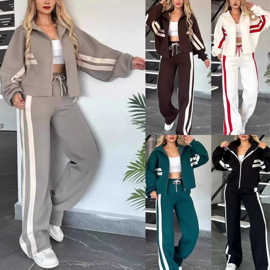 Women's Striped Zipper Jacket & Casual Pants 2-Piece Set