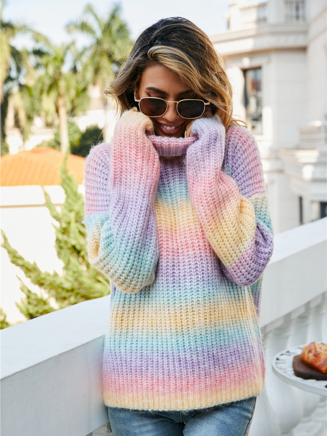 Multi-color Ombre Turtleneck Dropped-Shoulder Sweater