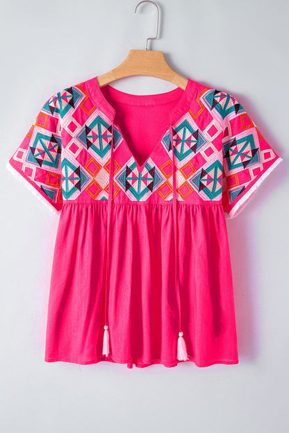 Geometric Embroidered Tassel Tie Neck Cotton Blouse