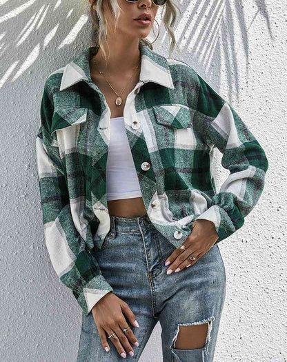 Women's Flannel Plaid Button Down Cropped Jacket (Buy 2 Free Shipping)