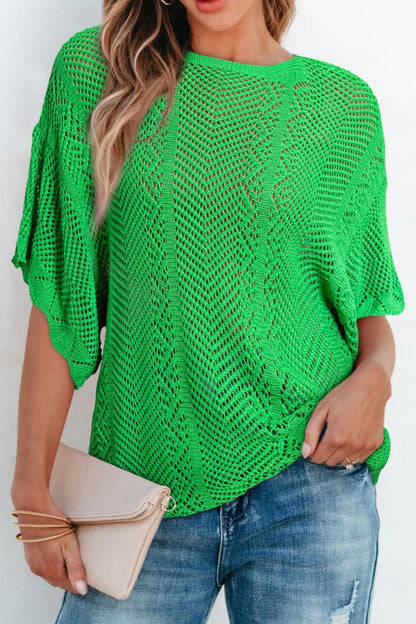 Scallop Edge Half Sleeve Pointelle Knit Top