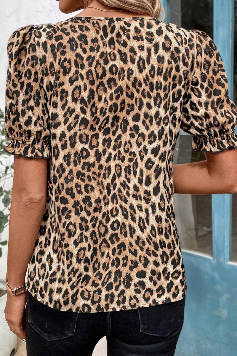 Leopard Ruffled Neck Cascading Puff Short Sleeve Top