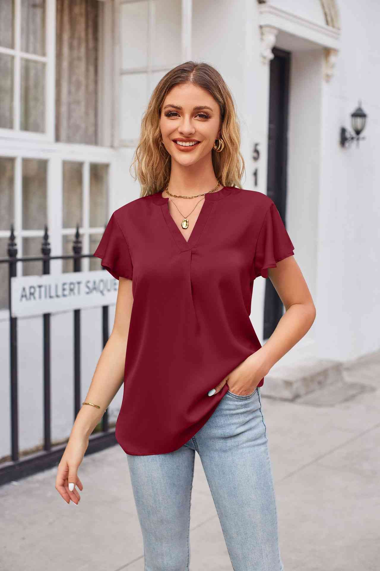 Notched Neck Flutter Sleeve Satin Top