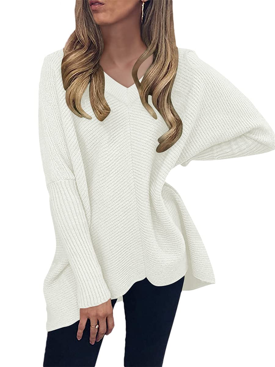 Womens Oversized Long Batwing Sleeve V Neck Sweater