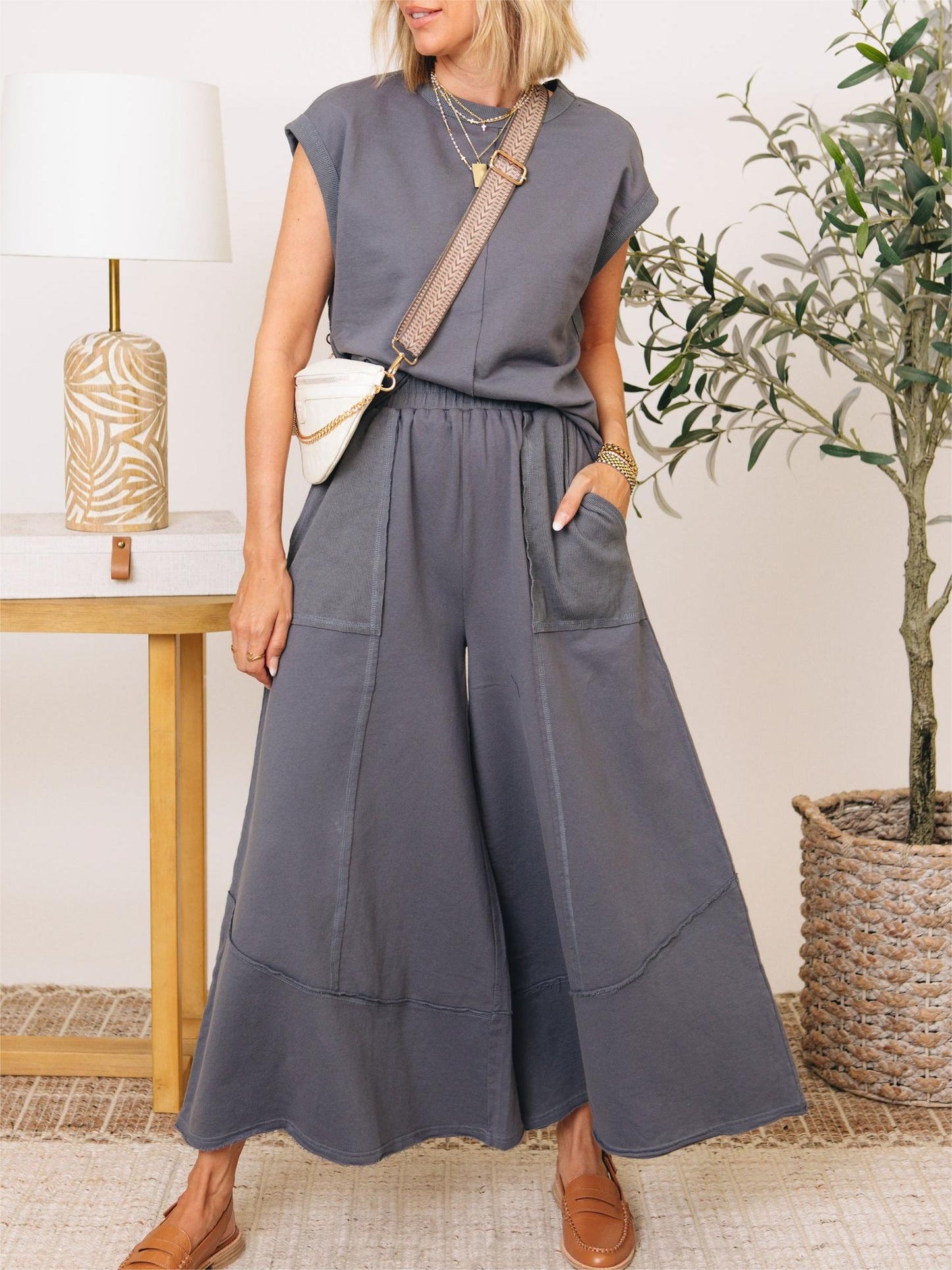 Clean Lines Top & Wide Leg Pants Set (Buy 2 Free Shipping)