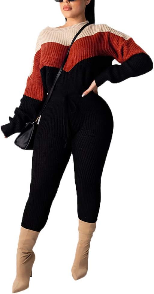 Womens Fall Knit 2 Piece Outfits Sweater Shirt Top and Bodycon Pants Casual Jumpsuit Romper Plus Size