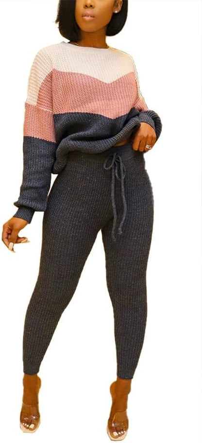 Womens Fall Knit 2 Piece Outfits Sweater Shirt Top and Bodycon Pants Casual Jumpsuit Romper Plus Size