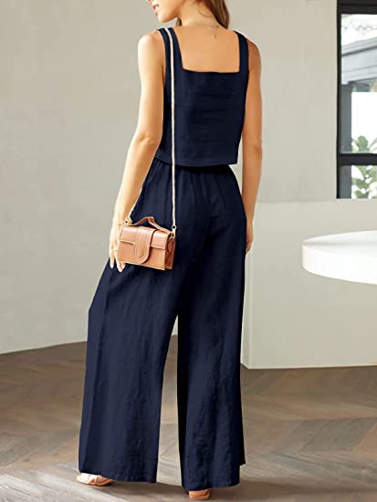 Square Neck Tank Wide Leg Pants Matching Lounge Set