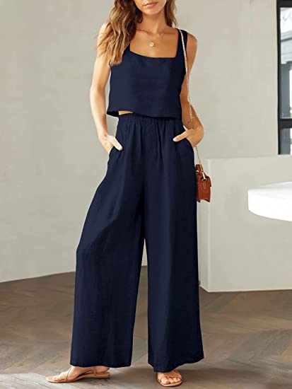 Square Neck Tank Wide Leg Pants Matching Lounge Set