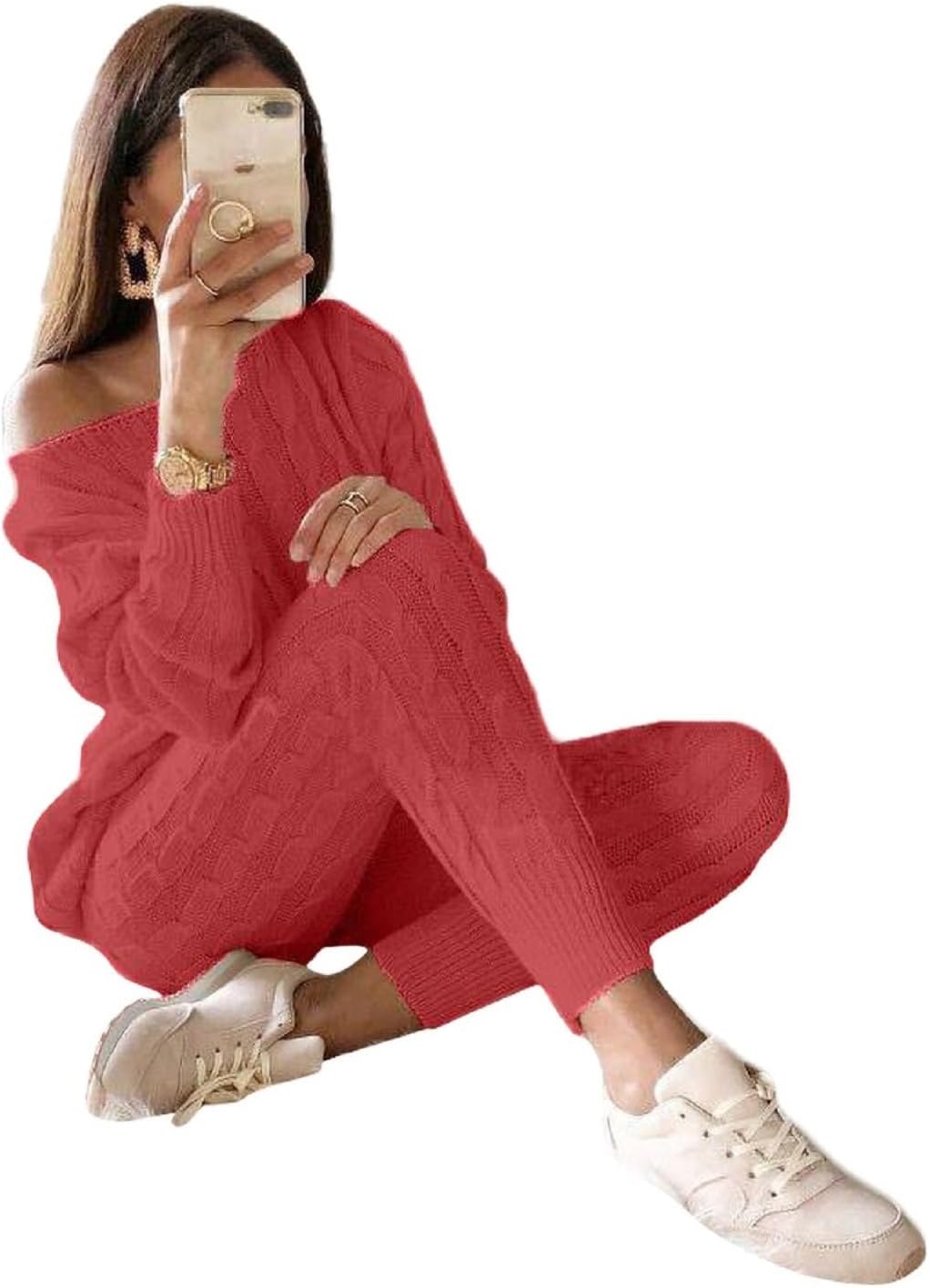 Womens Fall Knit 2 Piece Outfits Sweater Shirt Top and Bodycon Pants Casual Jumpsuit Romper Plus Size