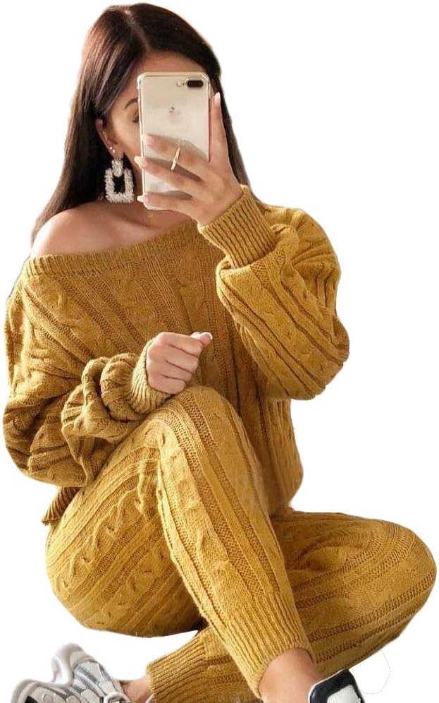 Womens Fall Knit 2 Piece Outfits Sweater Shirt Top and Bodycon Pants Casual Jumpsuit Romper Plus Size