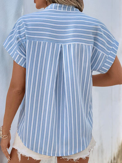 Half Button Striped Short Sleeve Blouse