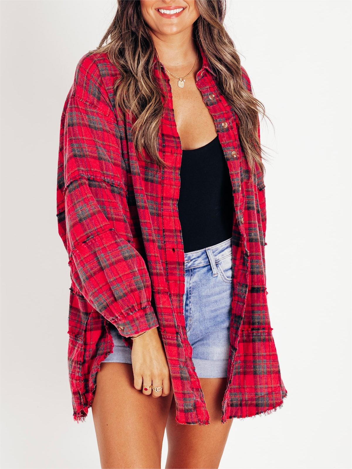 Women's Mineral Washed Button Down Plaid Shirt (Buy 2 Free Shipping)