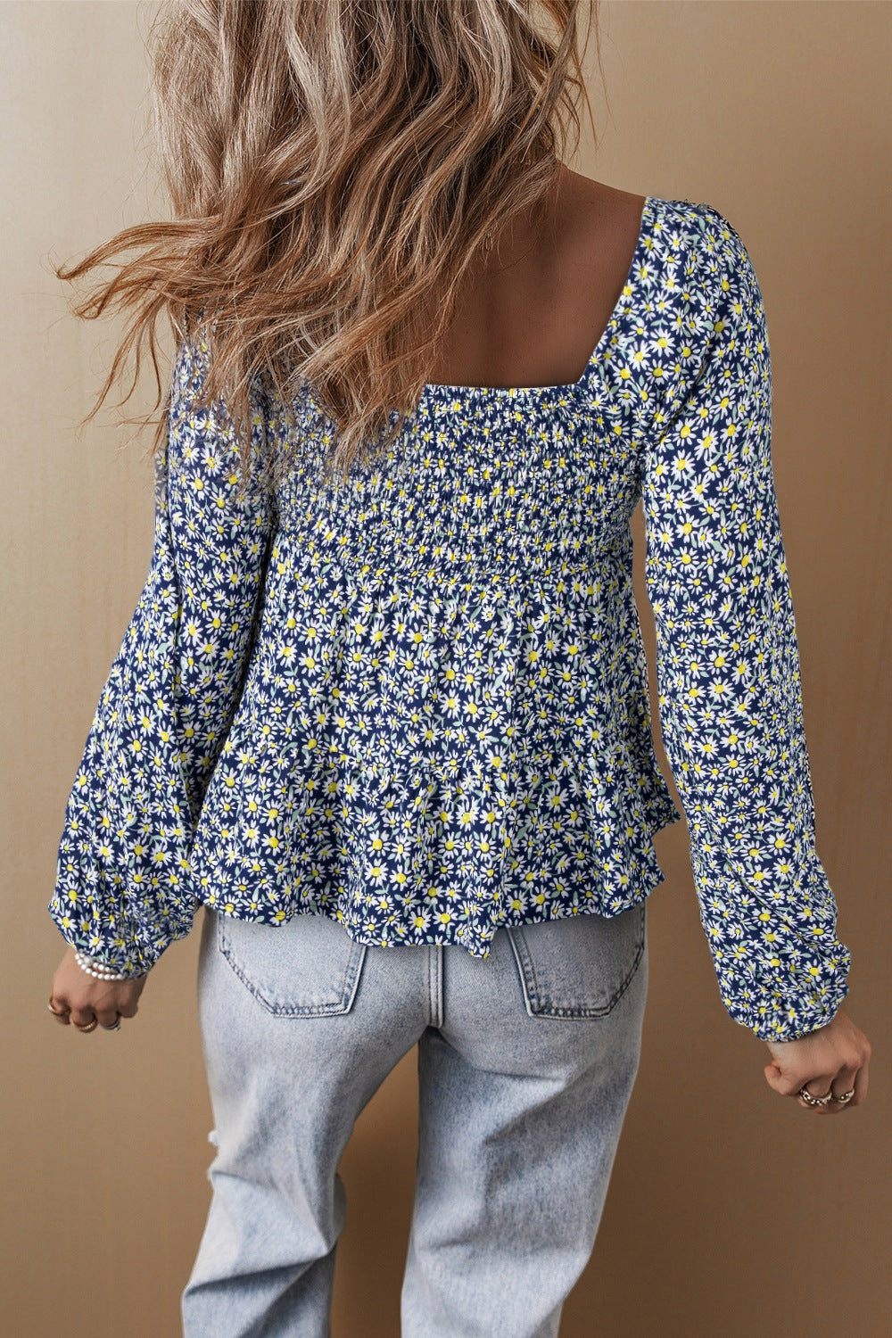 Daisy Print Long Sleeve Blouse with Smocked Square Neck