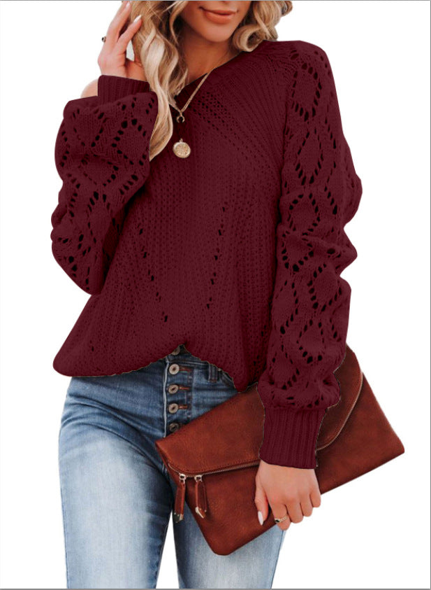 Women's Cutout Pattern Crew Neck Sweater