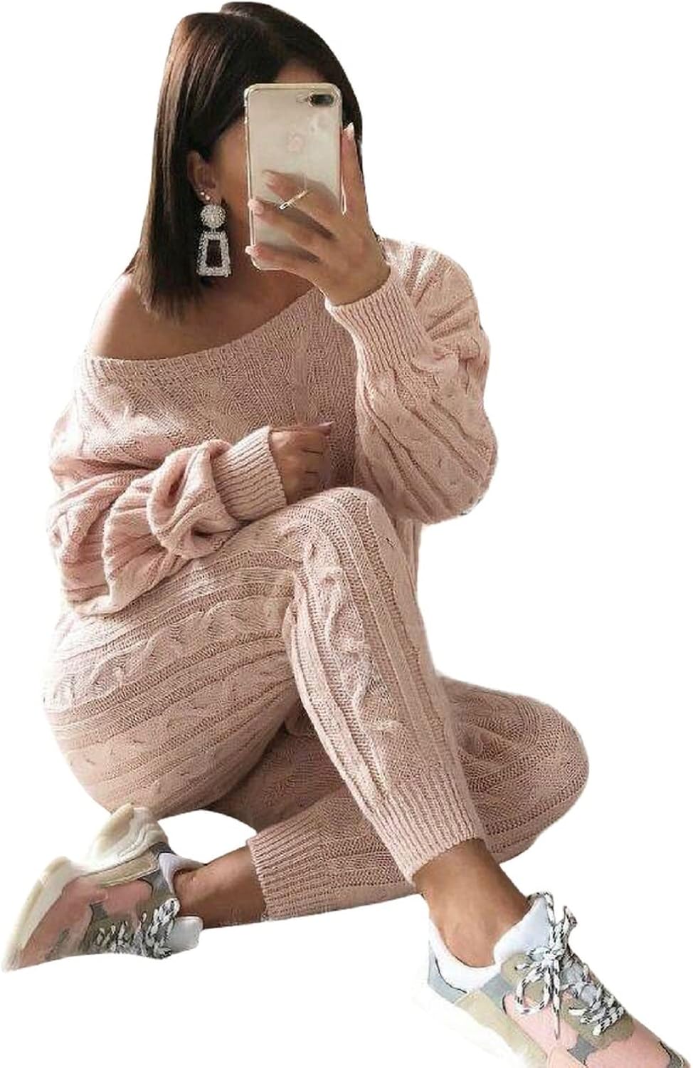 Womens Fall Knit 2 Piece Outfits Sweater Shirt Top and Bodycon Pants Casual Jumpsuit Romper Plus Size