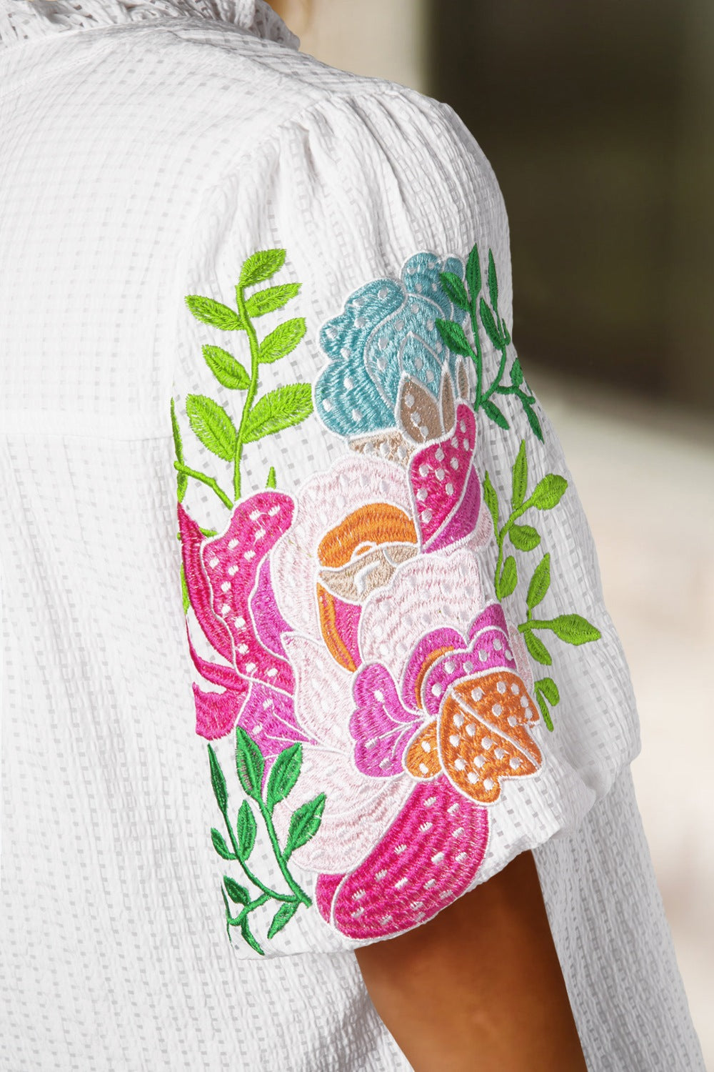 Floral-Embroidered Puff-Sleeve Notched Blouse