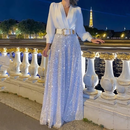 Stylish V-Neck Long Sleeve Shirt & Sequin Wide Leg Pants Set