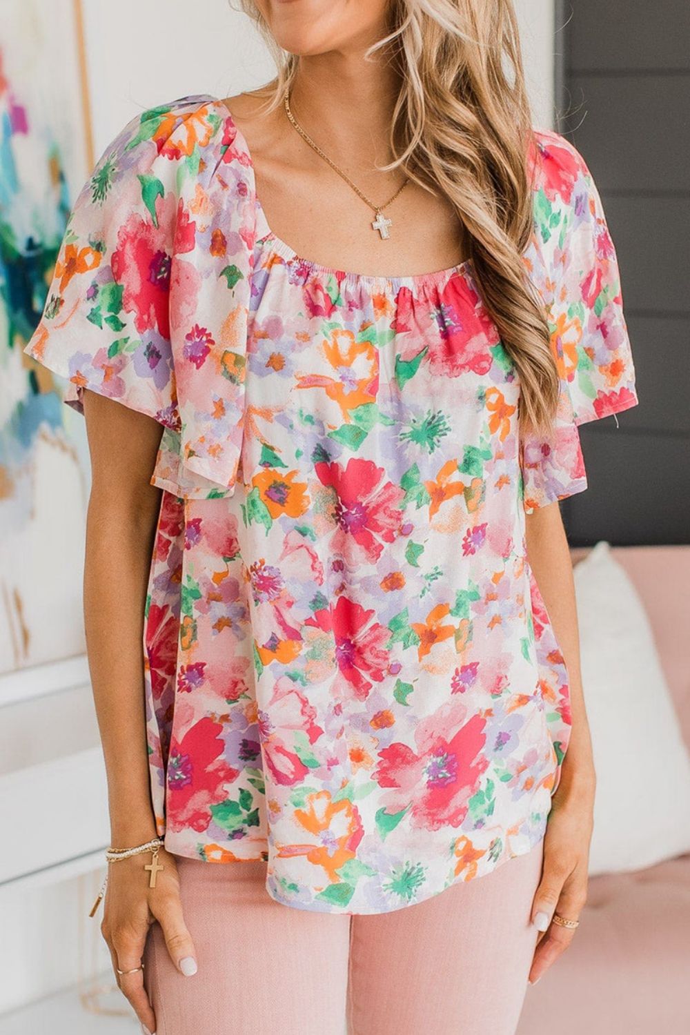 Floral Print Blouse with Angel Sleeves