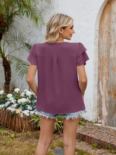 Cutout Round Neck Short Sleeve Blouse