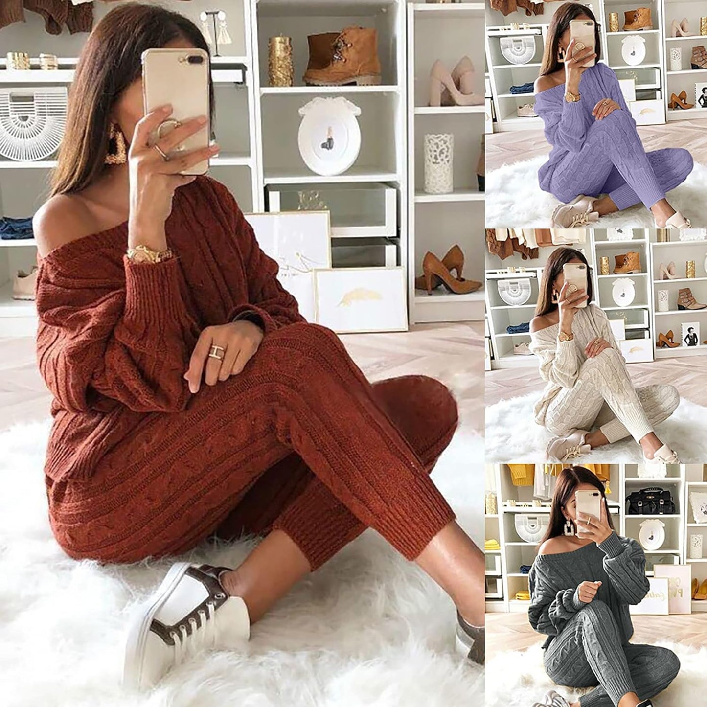 Womens Fall Knit 2 Piece Outfits Sweater Shirt Top and Bodycon Pants Casual Jumpsuit Romper Plus Size