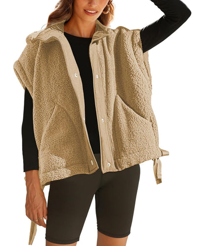 Women's Button Paneled Teddy Fleece Vest Jacket (Buy 2 Free Shipping)