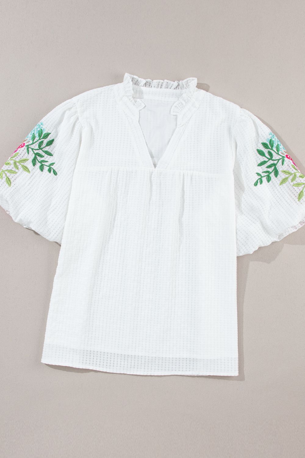 Floral-Embroidered Puff-Sleeve Notched Blouse