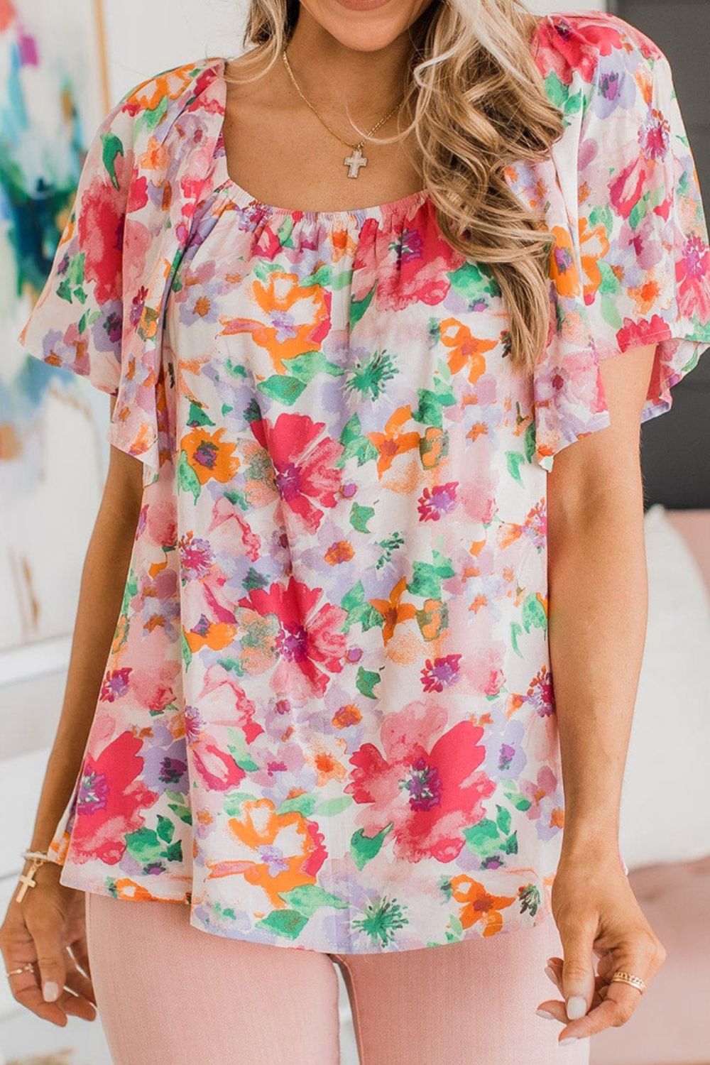 Floral Print Blouse with Angel Sleeves