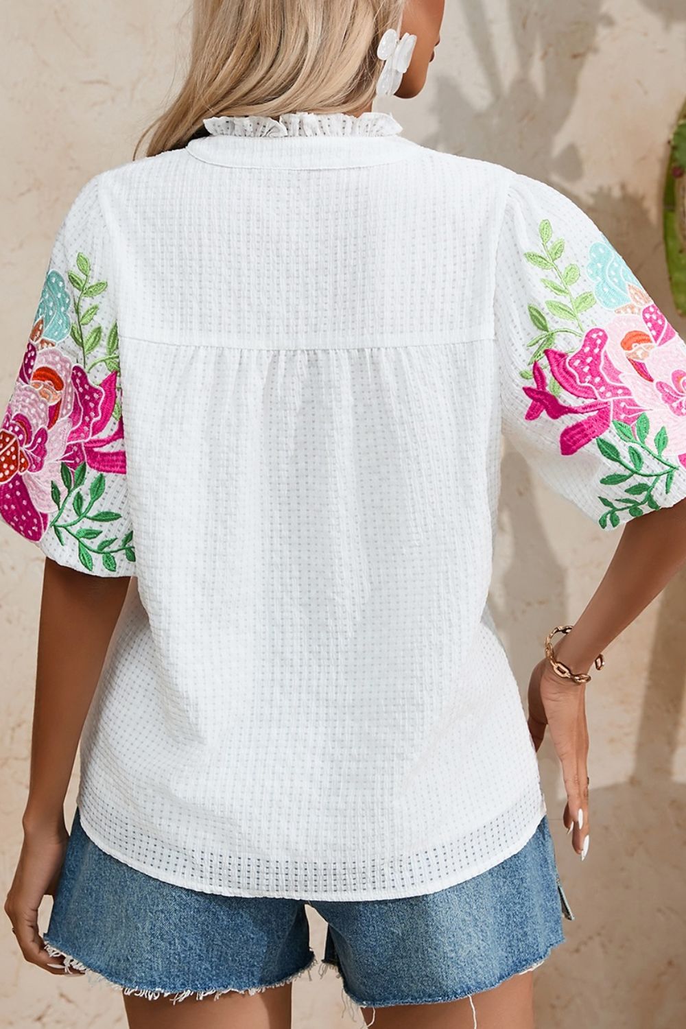 Floral-Embroidered Puff-Sleeve Notched Blouse