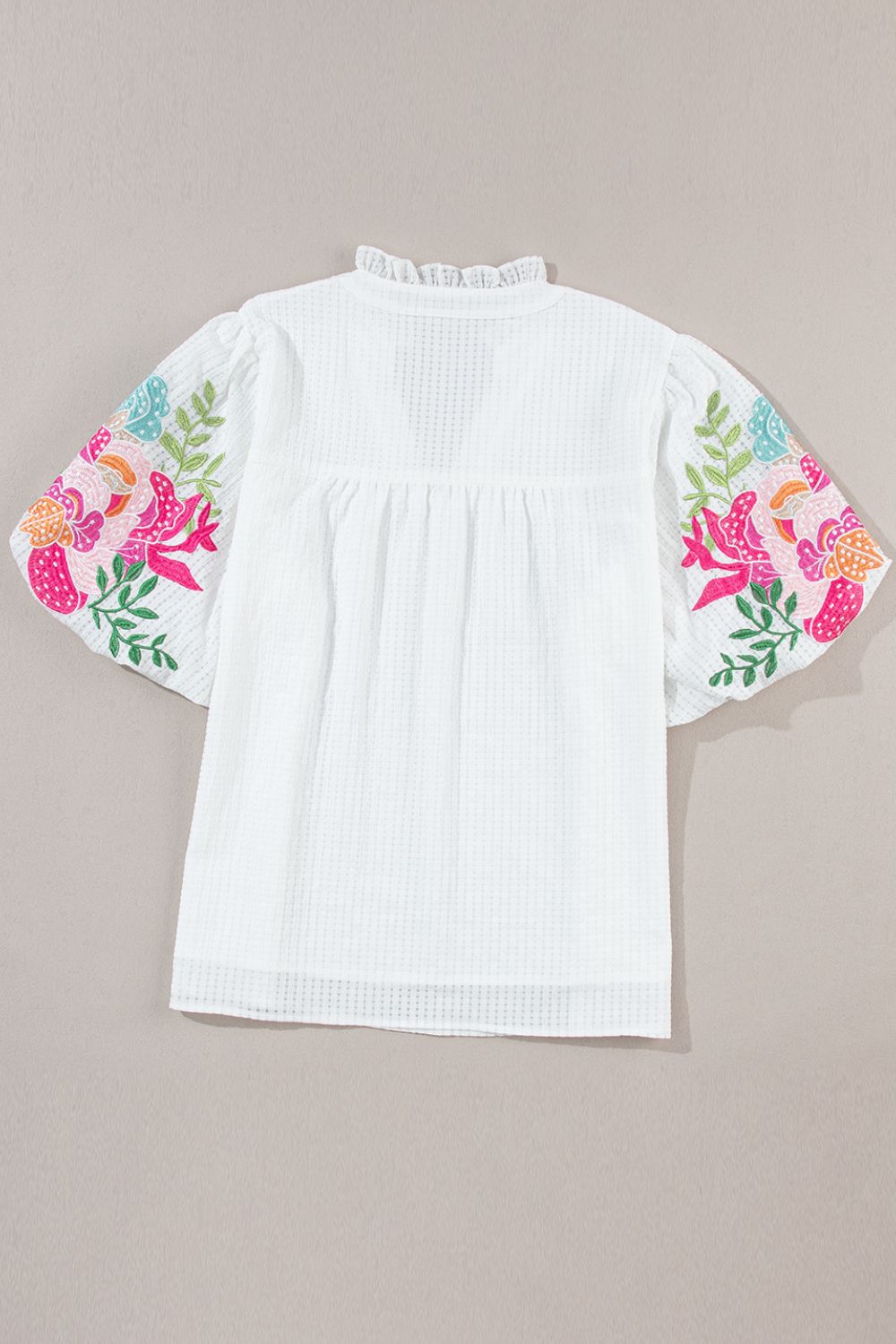 Floral-Embroidered Puff-Sleeve Notched Blouse