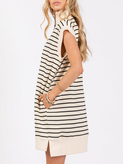 Women's Striped Knit Cap Sleeve Half-Zip Mini Dress (Buy 2 Free Shipping)