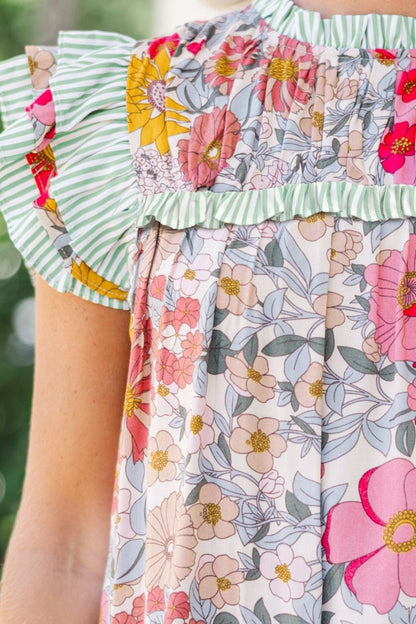 Floral Print Ruffled Cap Sleeve Blouse with Frilled Details