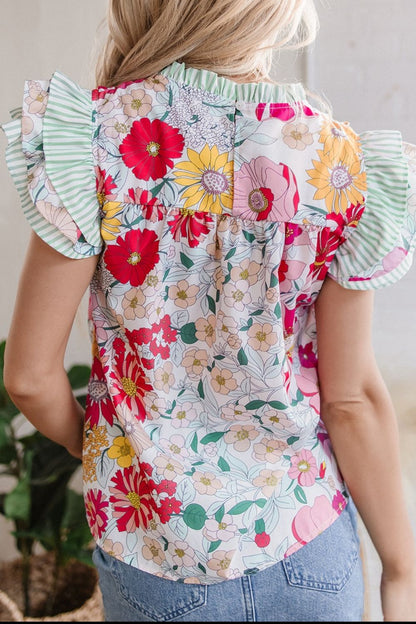 Floral Print Ruffled Cap Sleeve Blouse with Frilled Details