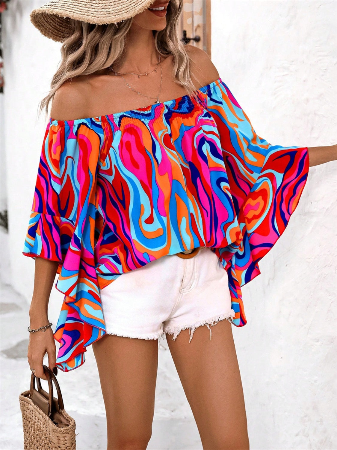 Multi-Color Abstract Print Off-Shoulder Blouse