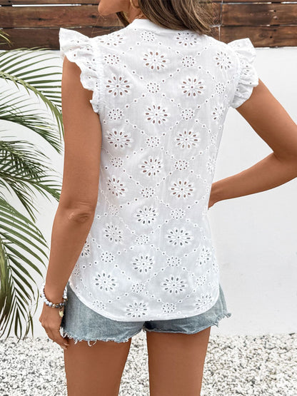 Eyelet Blouse with Ruffled Cap Sleeves and Notched Neckline